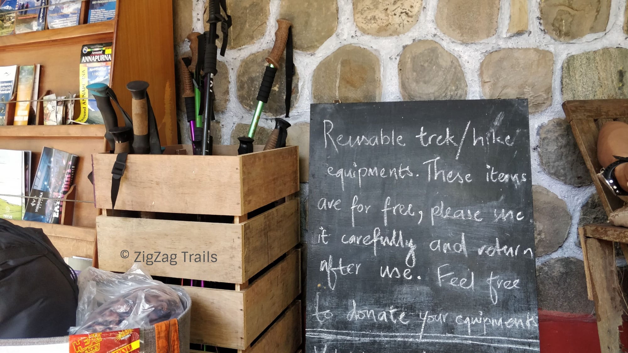 The exchange corner at the Hostel, where you can pick or donate trekking gears for recycling. 