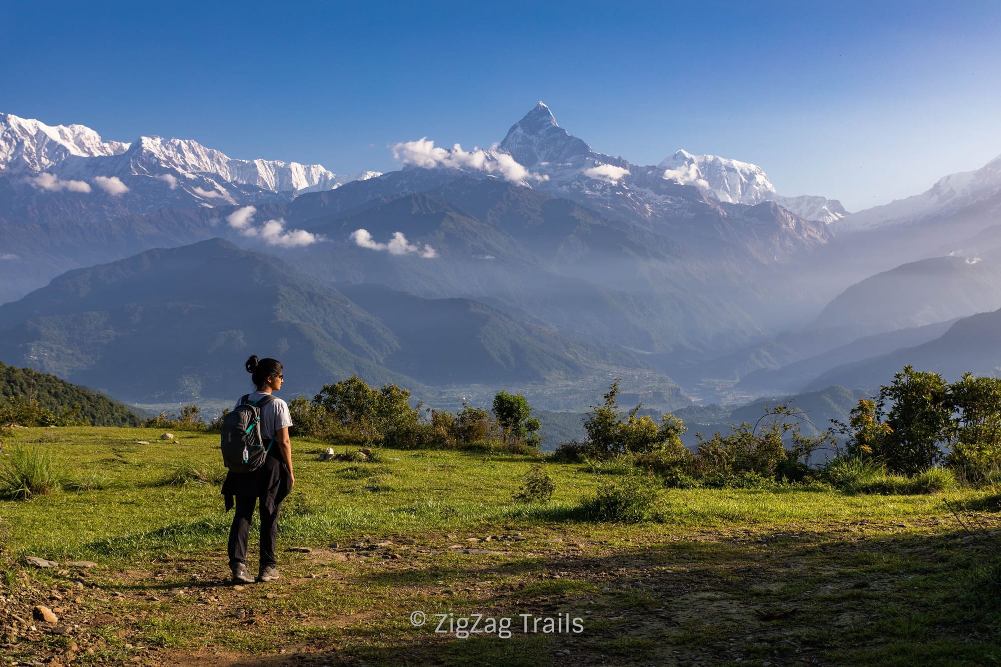 The view of higher mountain ranges from Sarangkot. In front Mt Fishtail.